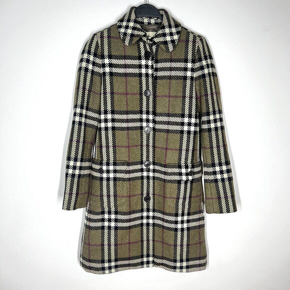 Burberry Sz 2 Wool Nova Check Button Front Jacket Mid Length Green - Picture 1 of 16
